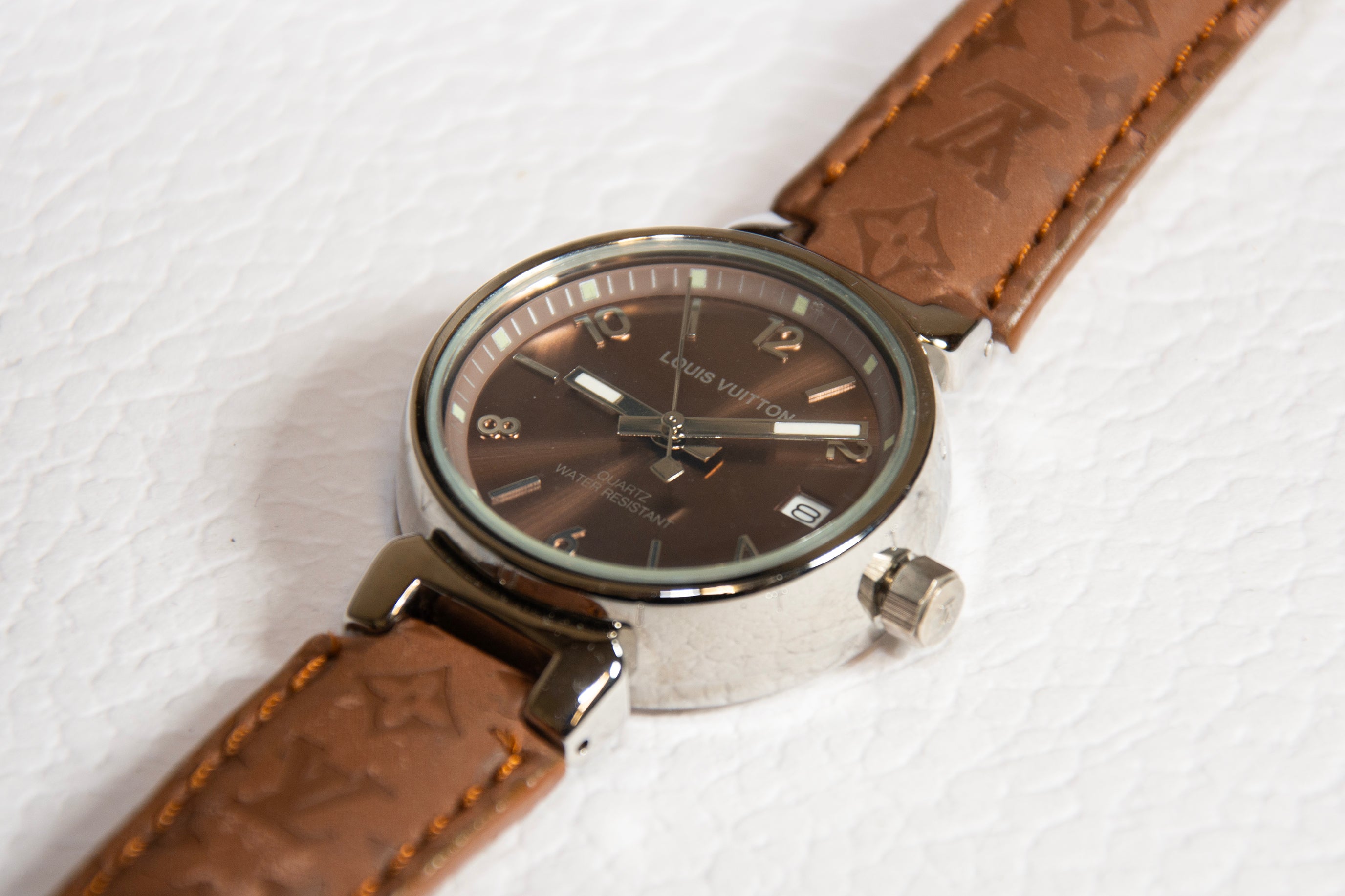 Louis Vuitton Brown Monogram Leather Strap Watch