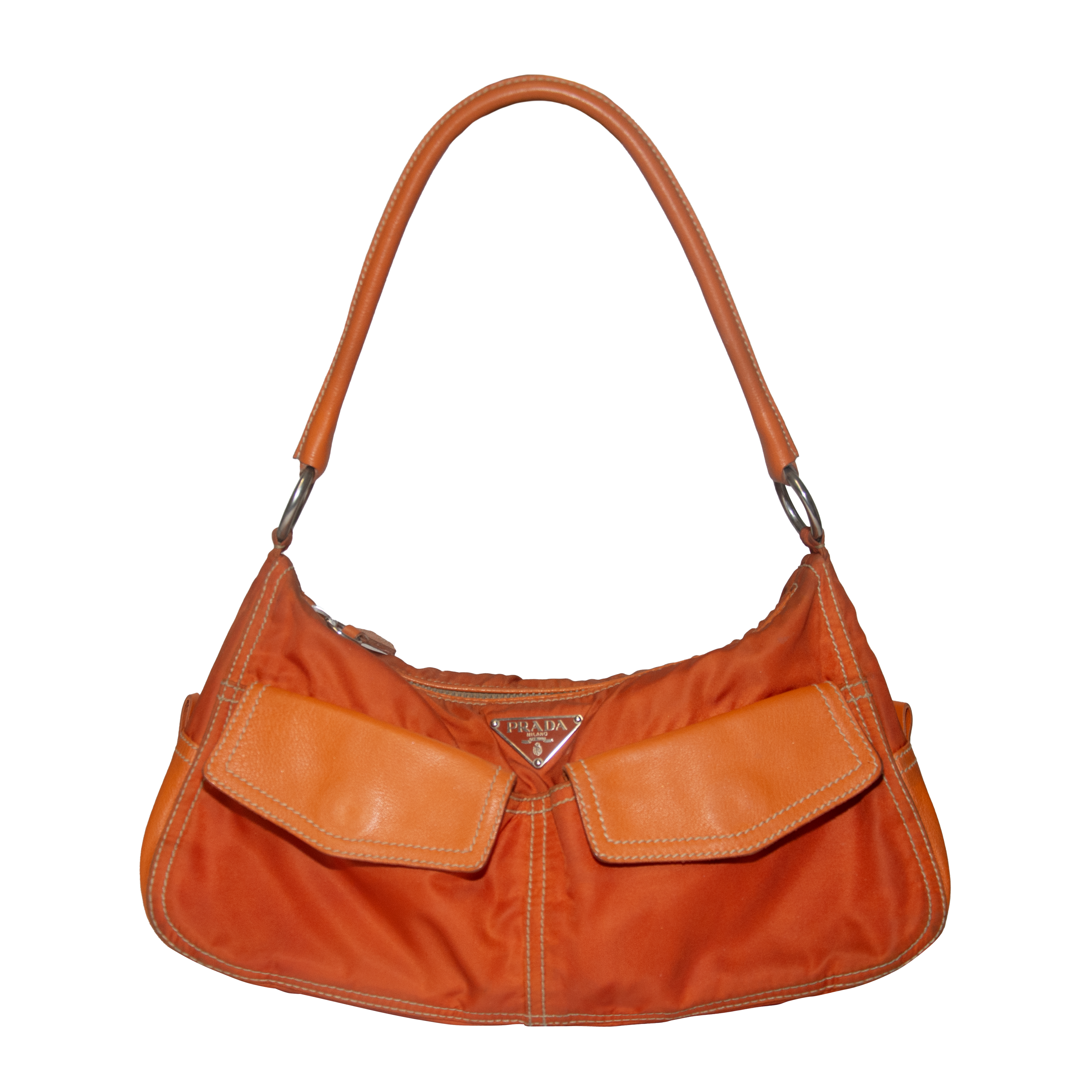 Prada Y2K Tessuto Nylon Orange Leather Trim Shoulder Bag